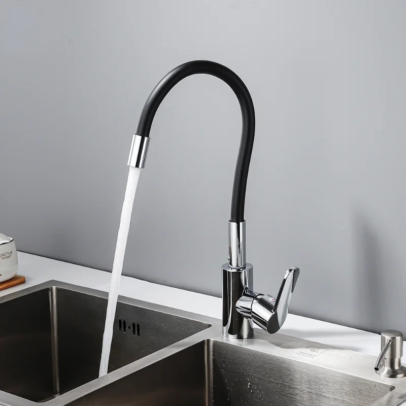 

Black Rubber and Brass Kitchen Faucet with 360-degree Rotation and Deck Mounted Installation