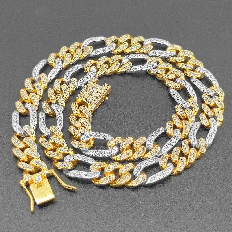 3:1 Figaro Link Chain Choker Necklace For Men Women 2tone Gold Silver Color Iced Out Rhinestones Miami Cuban Hip Hop Jewelry