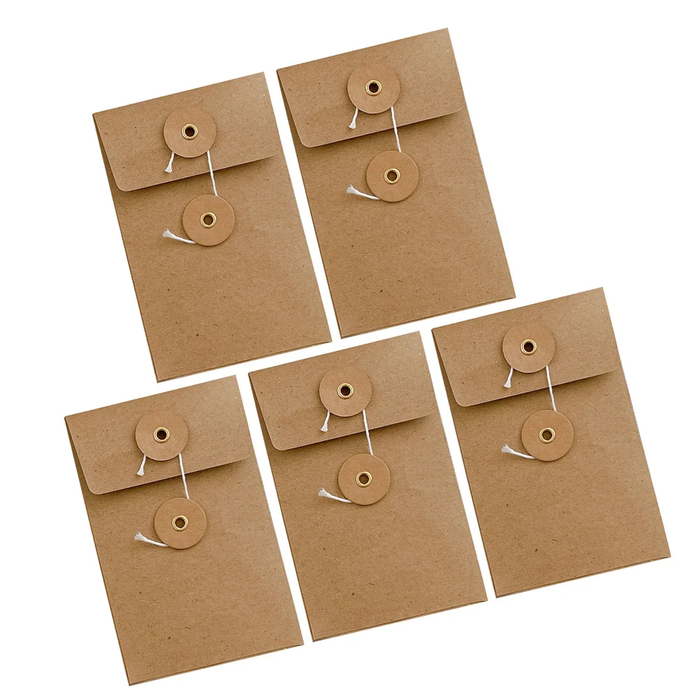 5Pcs Vintage Kraft Paper Document Envelopes with String Tie Closure Small Square Envelopes for Office Organization Greeting