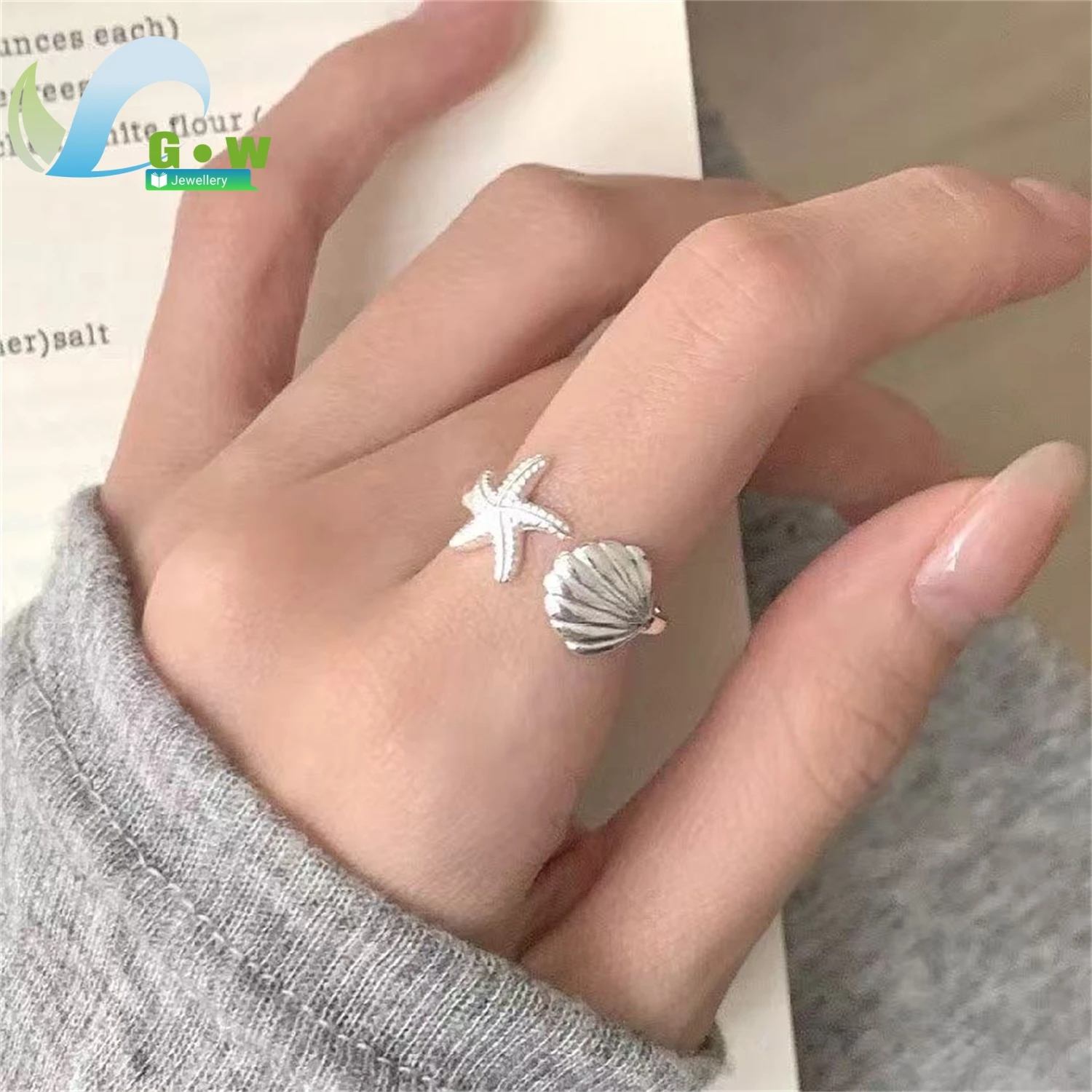 Starfish Shell Ring Women High End Elegant Open Adjustable Band Ocean Theme Gemstone Finger Jewelry Charm Gift For Her