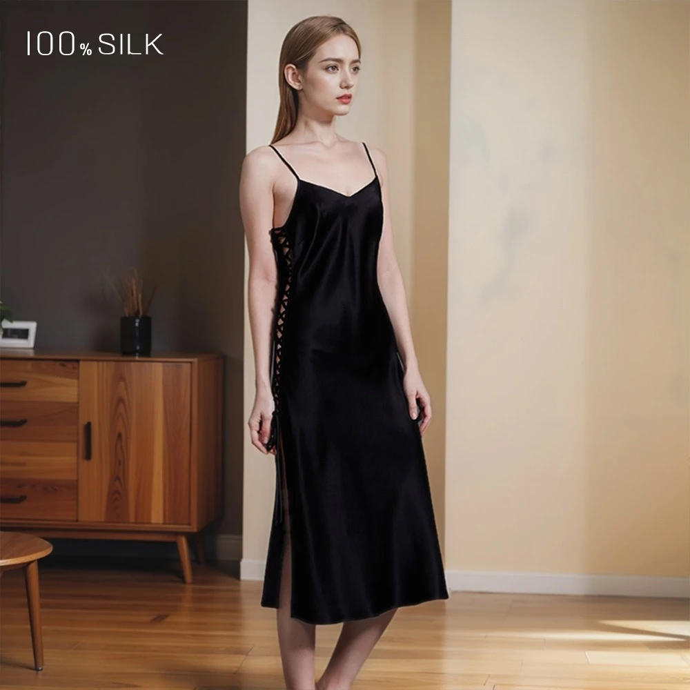 

Новинка 2026: Женская ночная сорочка из 100% натурального шелка (19 момми), сексуальное длинное платье на тонких бретельках с открытой спиной и разрезом, размер XL