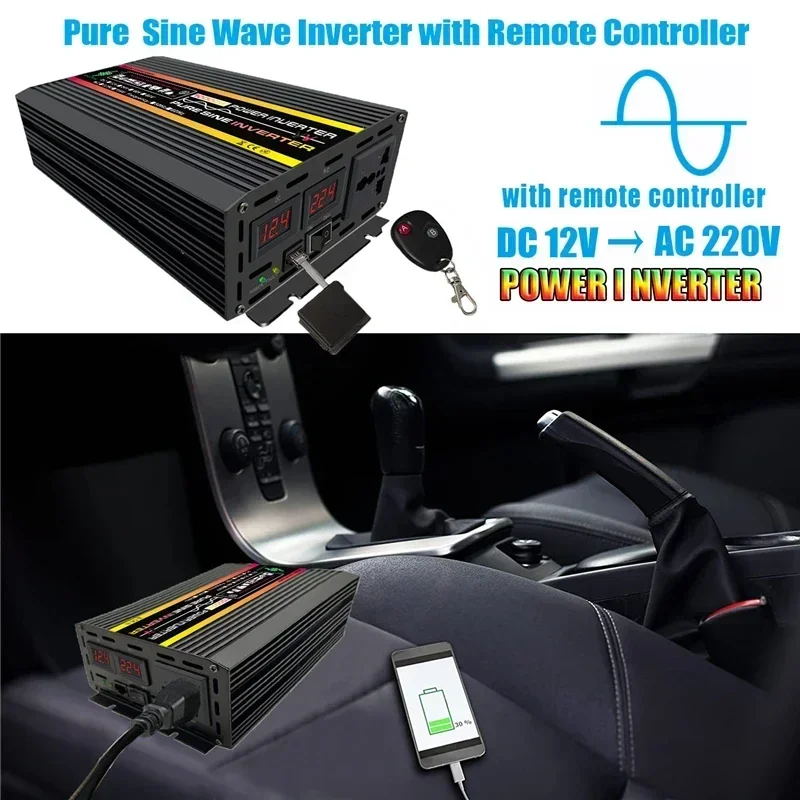 12000W DC 12V TO AC 220V Pure Sine Wave Inverter LED Display Car Inverters Converter Voltage Transformer With Remote Controller