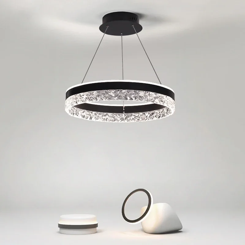 Minimalist Modern Led Chandelier Home Lighting Crystal Rings Ceiling Mounted Hanging Lamp Black&White Frame