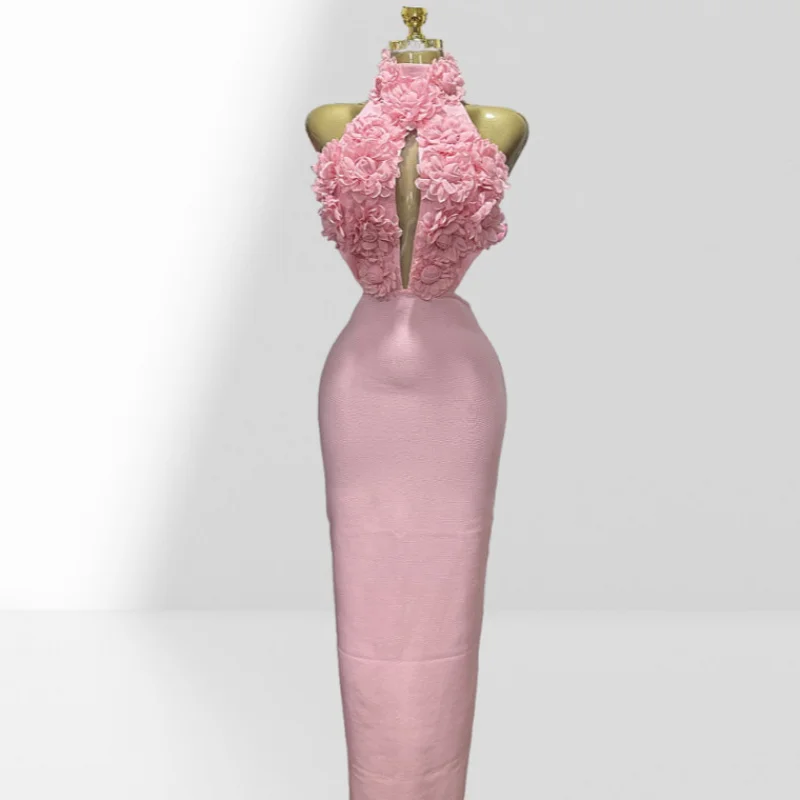 Nowa Kolekcja Damska Sukienka Bodycon z Kwiatowym Wzorem, Seksownym Dekoltem, Odkrytymi Plecami, Wiązana na Szyi, Modna Sukienka Bandage na Imprezę i Wakacje