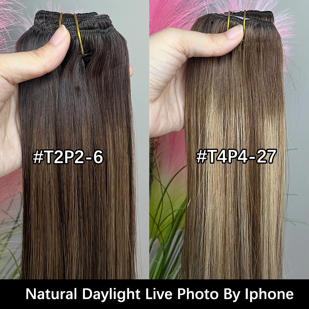 T2P2-6 리얼 내추럴 헤어 익스텐션 발레아쥬 브라운 클립인 인모 큐티클 레미 퀄리티 실크&소프트 120G 7피스 클립온 헤어피스