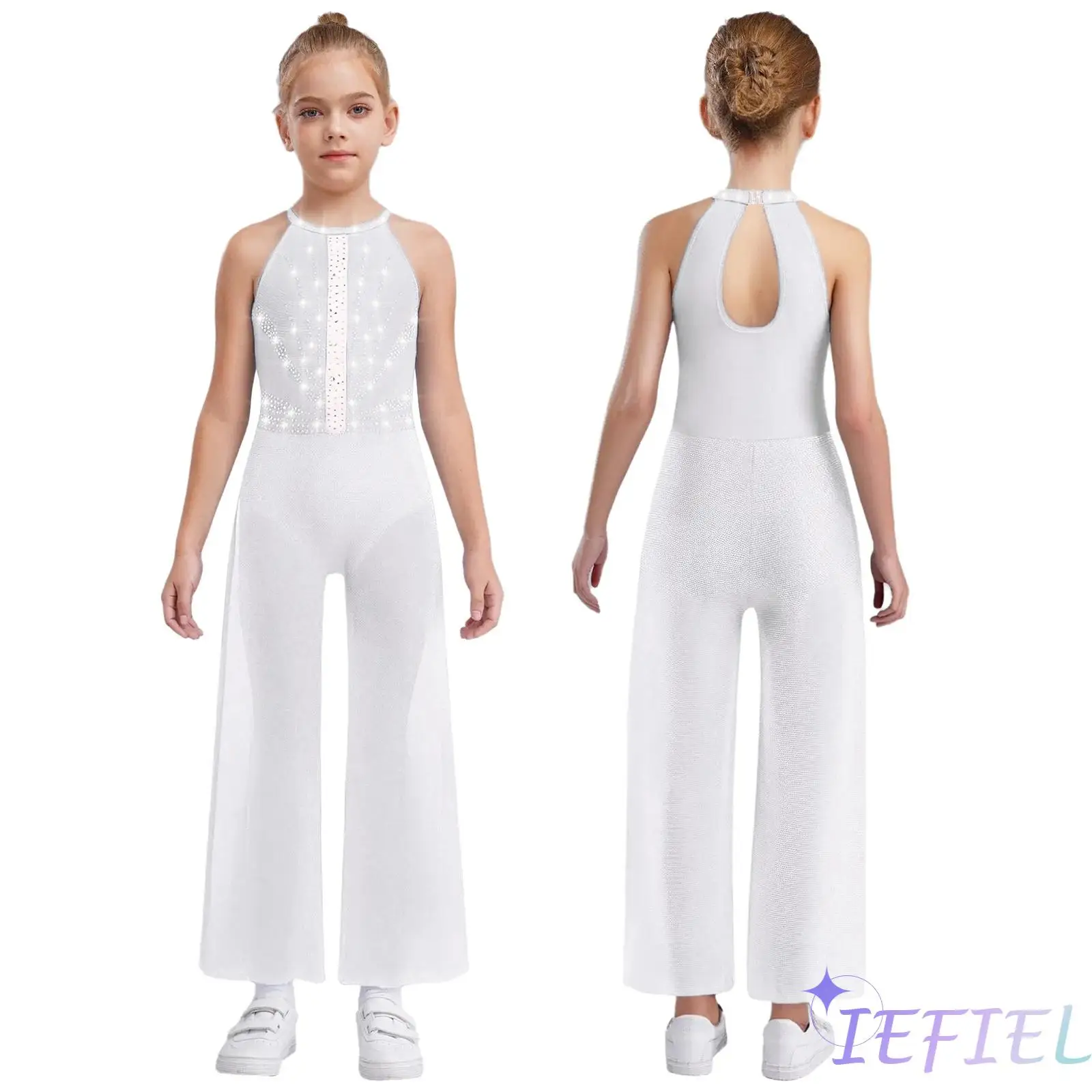 

Girls Lyrical Dance Costume Shiny Rhinestones Sleeveless Keyhole Back Wide-Leg Sheer Mesh Dance Jumpsuit Ballet Jazz Bodysuit