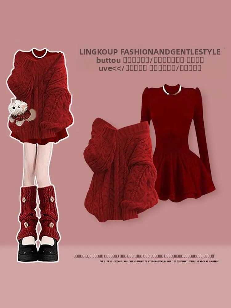 

Красный вязаный свитер с V-образным вырезом и комплект из двух предметов в стиле Dr. Cisas для женщин: осенне-зимний повседневный теплый облегающий костюм