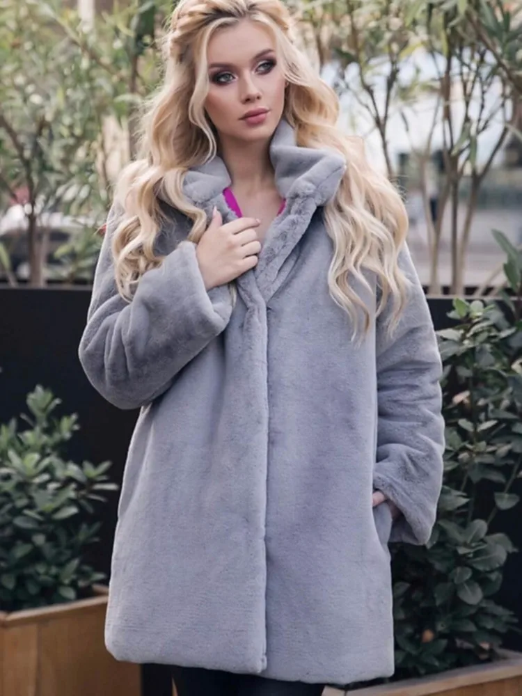 Solid Fur Coat Long Jacket Women 2023 Winter Thick Warm Stand Collar Rex Rabbit Fur Coats Fashion Streetwear Furry Overcoat