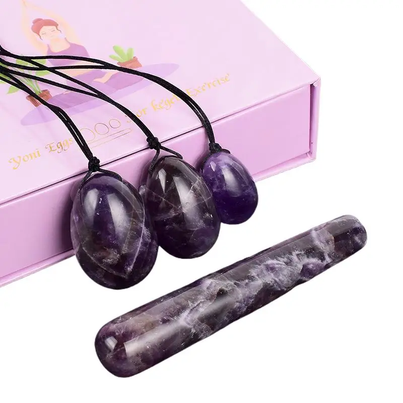 4Pcs Amethyst Drilled Yoni Egg Set With Box Natural Jade Yoni Wand Kegel Exerciser Massage Healty Tools Gift For Wife