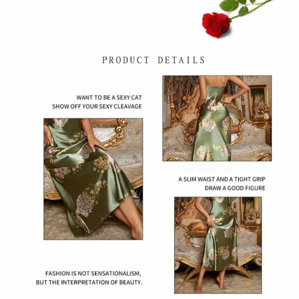 Elegant Sexy V-Neck Slip Nightgowns Silky Comfort Smooth Sleeveless Sleepwear Long Hem Floral Print Sleep Dresses Indoor Leisure