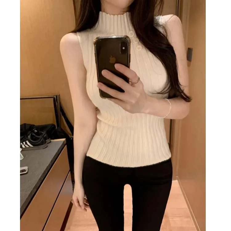 Slim Fit High Neck Knitted Vest Top Women Sexy Style Breathable Polyester Blend No Sleeve Fashionable Korean Style Autumn Wear