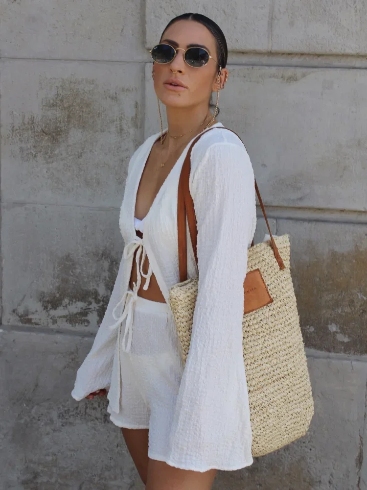 الدانتيل يصل طويلة الأكمام فضفاضة المرأة مجموعة بلون عطلة عادية السراويل قطعتين مجموعة 2025 صيف جديد السيدات ملابس الشاطئ #3