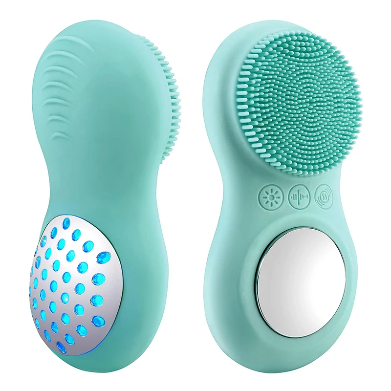 Private Label Heated Sonic Vibration Silicone Facial Cleansing Brush Red Blue Light Therapy Deep Cleaning Device
