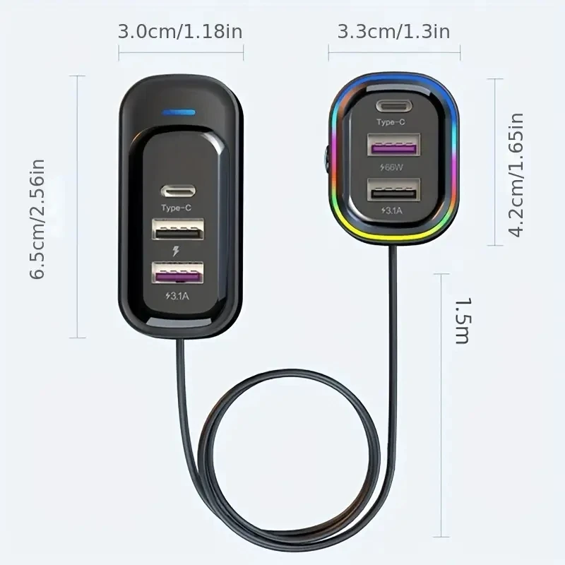 Caricabatteria per auto veloce da 81 W Espansione a 6 porte Ricarica anteriore e posteriore simultanea Tipo-C 2-USB Cavo di prolunga da 1,5 m