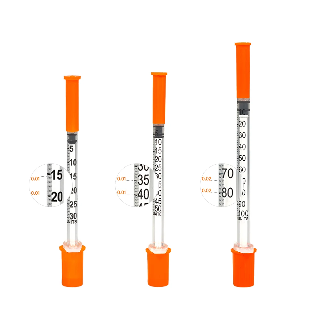 Siringa per insulina sterile di sicurezza manuale da 0,3 ml 0,5 ml 1 ml con tappo arancione ad ago multi-spezione per cani gatti animali da fattoria, 100 pezzi/scatola
