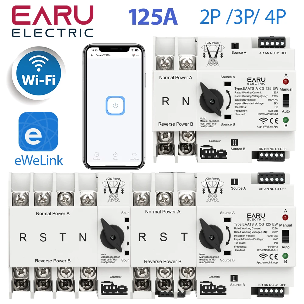 eWeLink WiFi Smart Remote Control 2/3/4P 125A AC 230V ATS Dual Power Automatic Transfer Electrical Selector Switch Uninterrupted