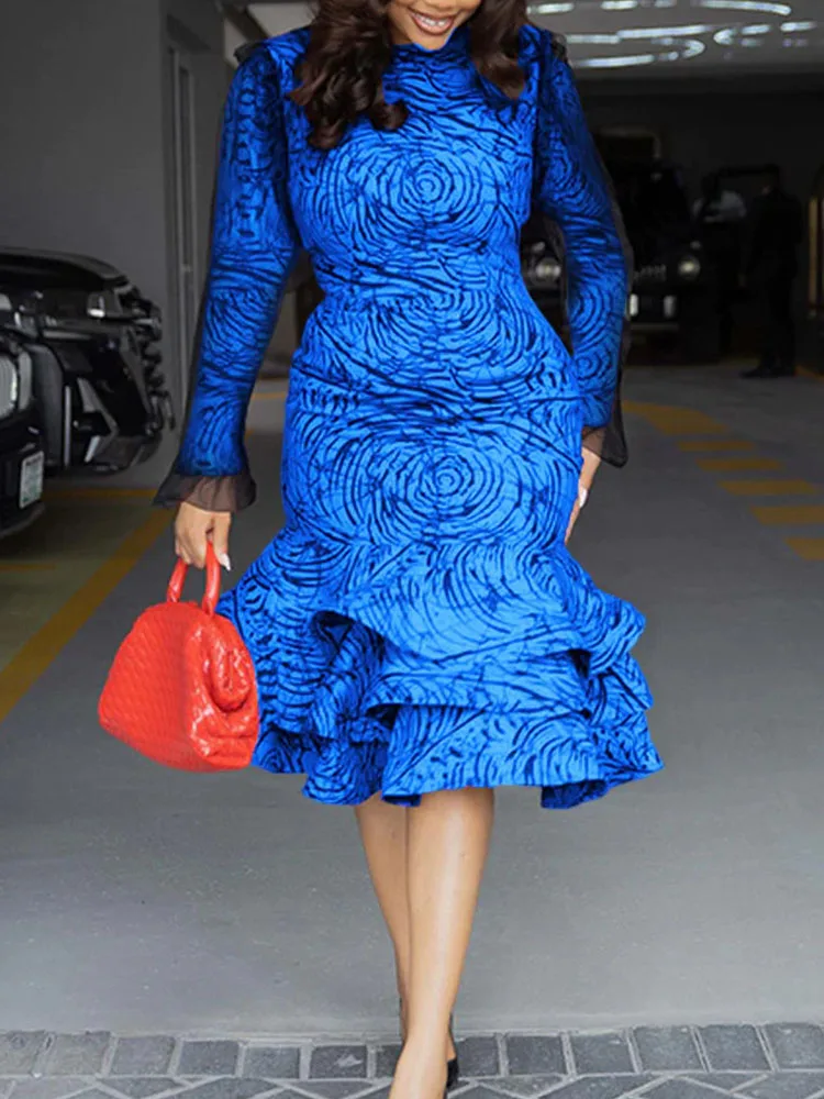Doyerl impressão malha manga longa festa de aniversário vestido feminino club wear festa noite bainha em cascata babados hem bodycon midi vestido