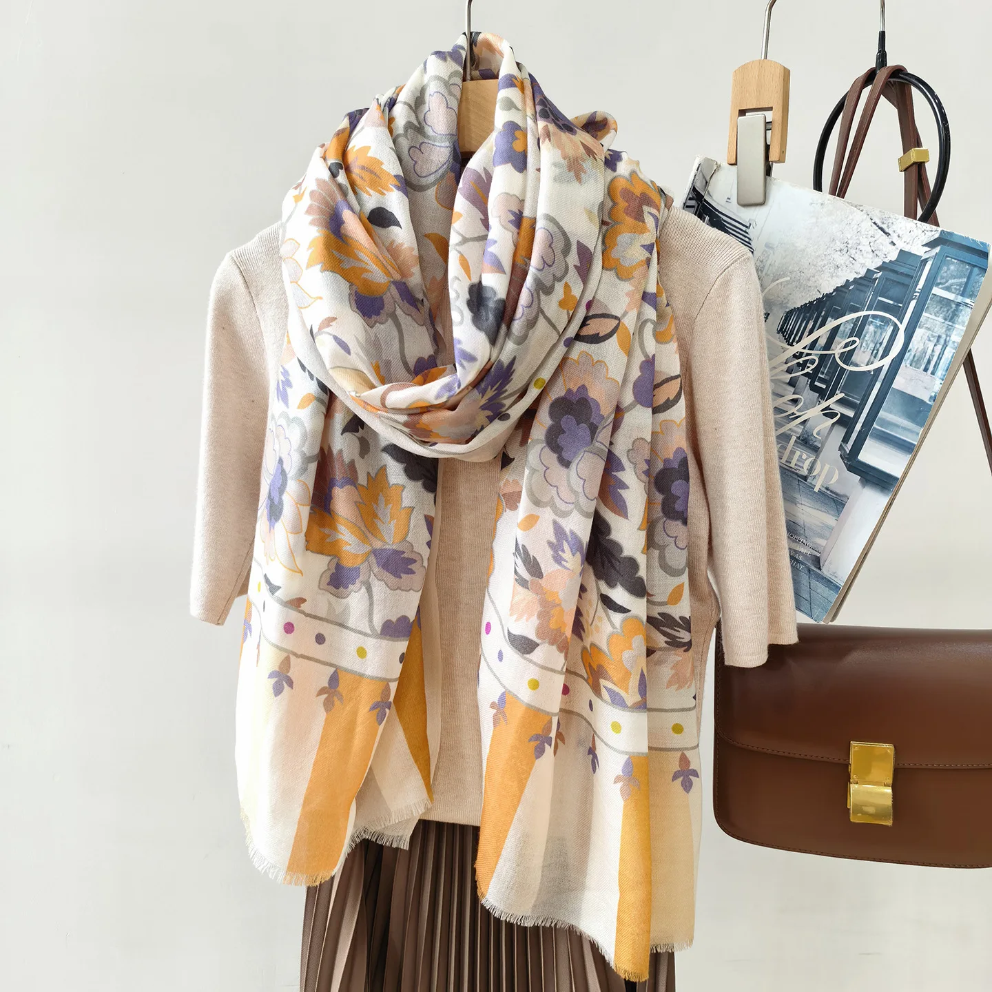 Bohemian Floral 100% Wool Scarf for Women 200×100cm Colorful Ethnic Flower Bandana Soft Neck Shawl Boho Accessories
