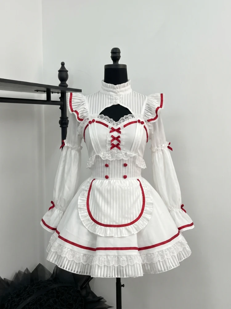 2026 Japanese Lolita Sweet 2 Piece Set Women Bow Puff Sleeve Ruffle Layered Design Kawaii Harajuku Cosplay Party Daily Outfits