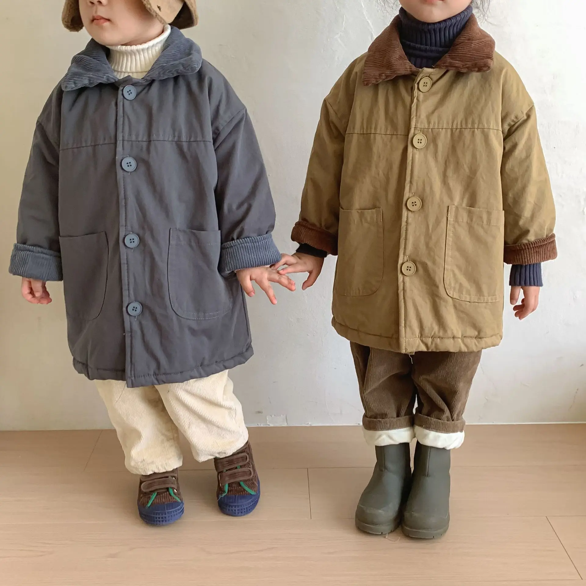 Cotton-padded Jacket Children\' Wear Winter Long Warm Boys Coat Corduroy Lapel Thicken Warm Kids Parkas Toddler Girl Clothing