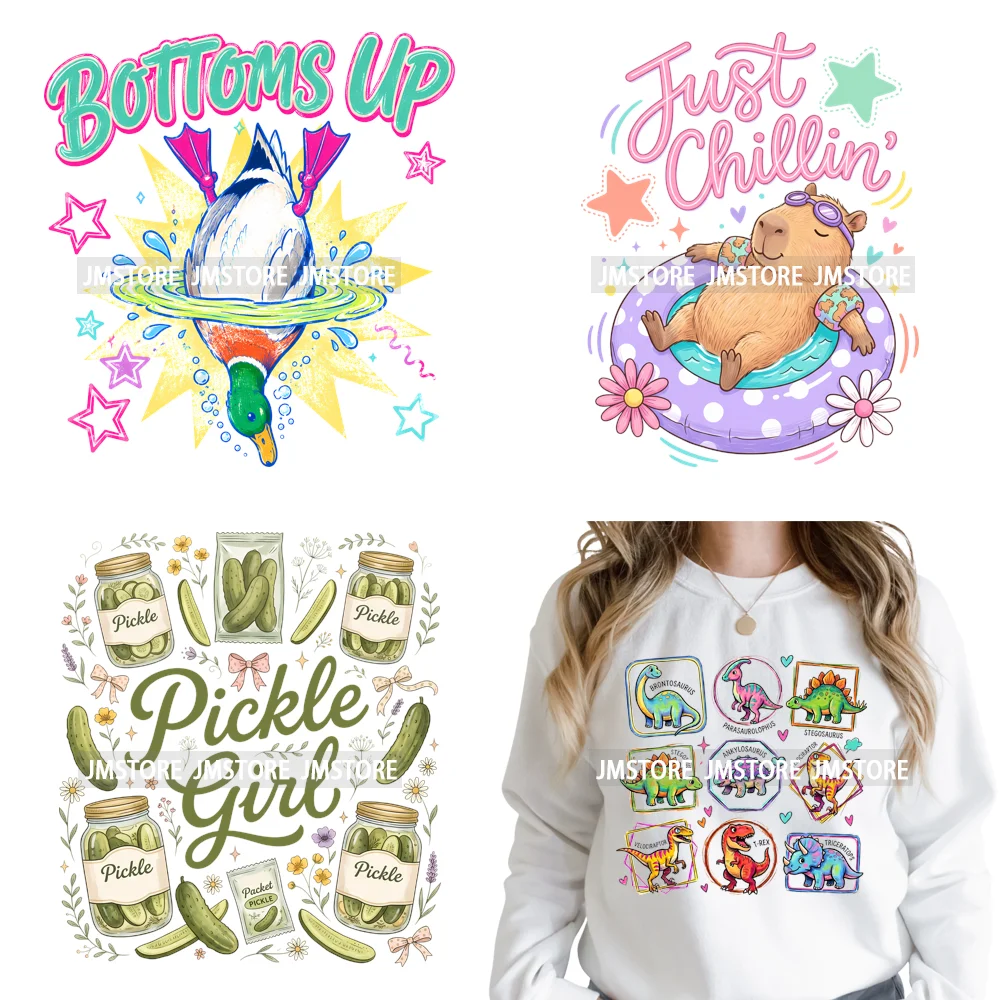 Funny Animal Pickle Duck Goose Dog Humor Summer Iron on Washable DTF Heat Transfers Stickers Ready to Press for Kids Sweatshirts