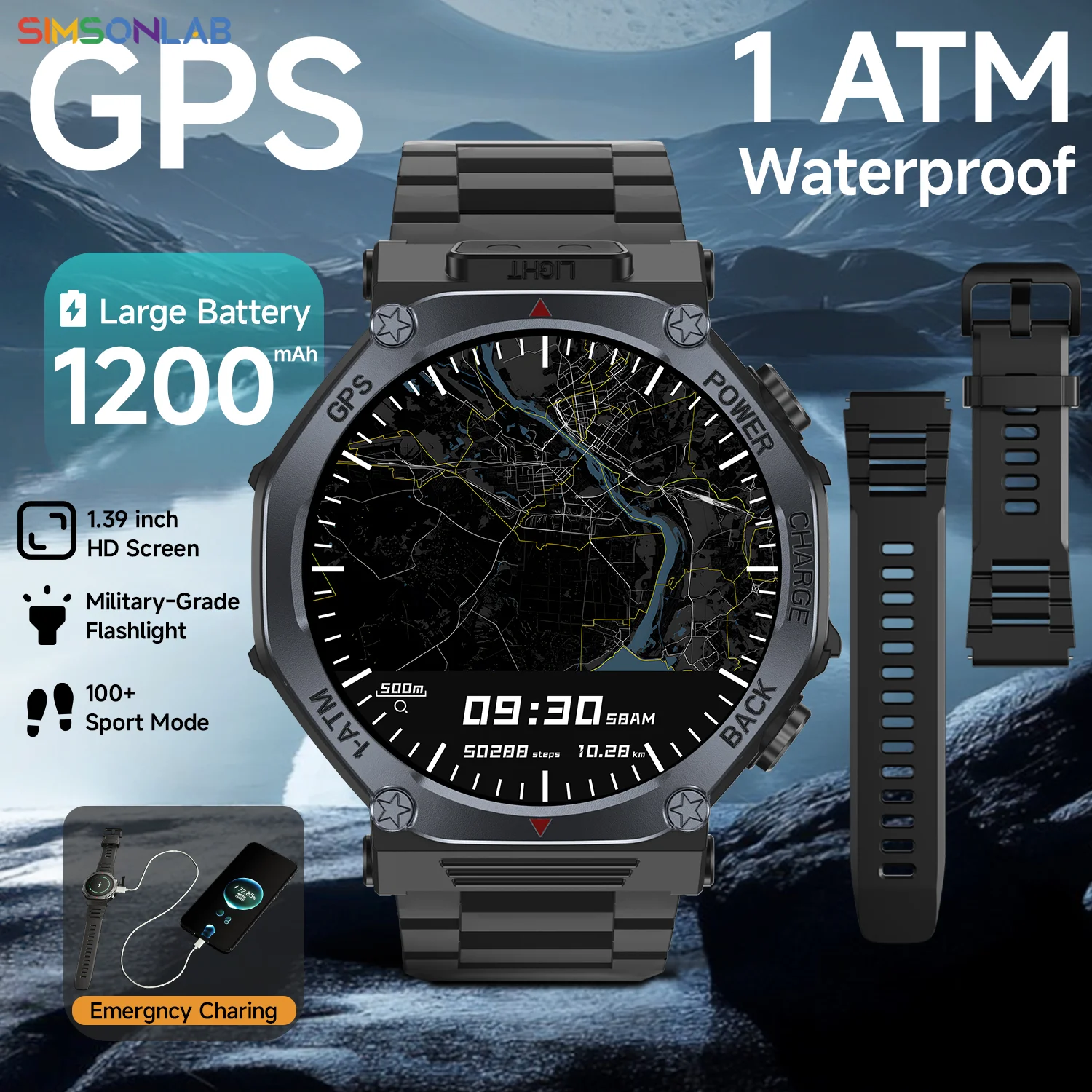 2025 NEW T-Rex3 Smartwatch Built-in GPS 1200mAh Big Battery Reverse Charge Voice Assistant Flashlight Outdoor Sports Watch Men