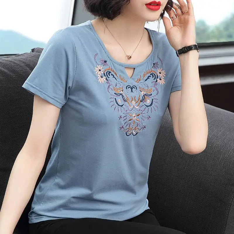 Trendy Women\'s Clothing Summer Pullover Short Sleeve Round Neck Hollow Out Plant&Flowers Embroidered T-shirt Casual Elegant Tops