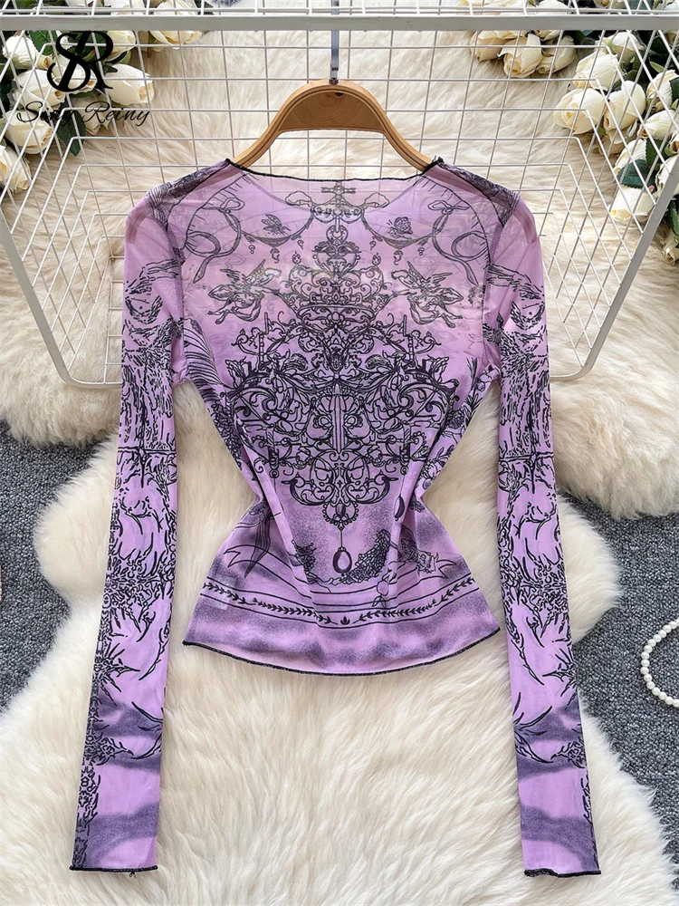 SINGREINY Streetwear Hotsweet Mesh Blouse Women O-Neck Print Thin Sheer Chic Tops American Sexy Ins Sheath Short Casual T-Shirt