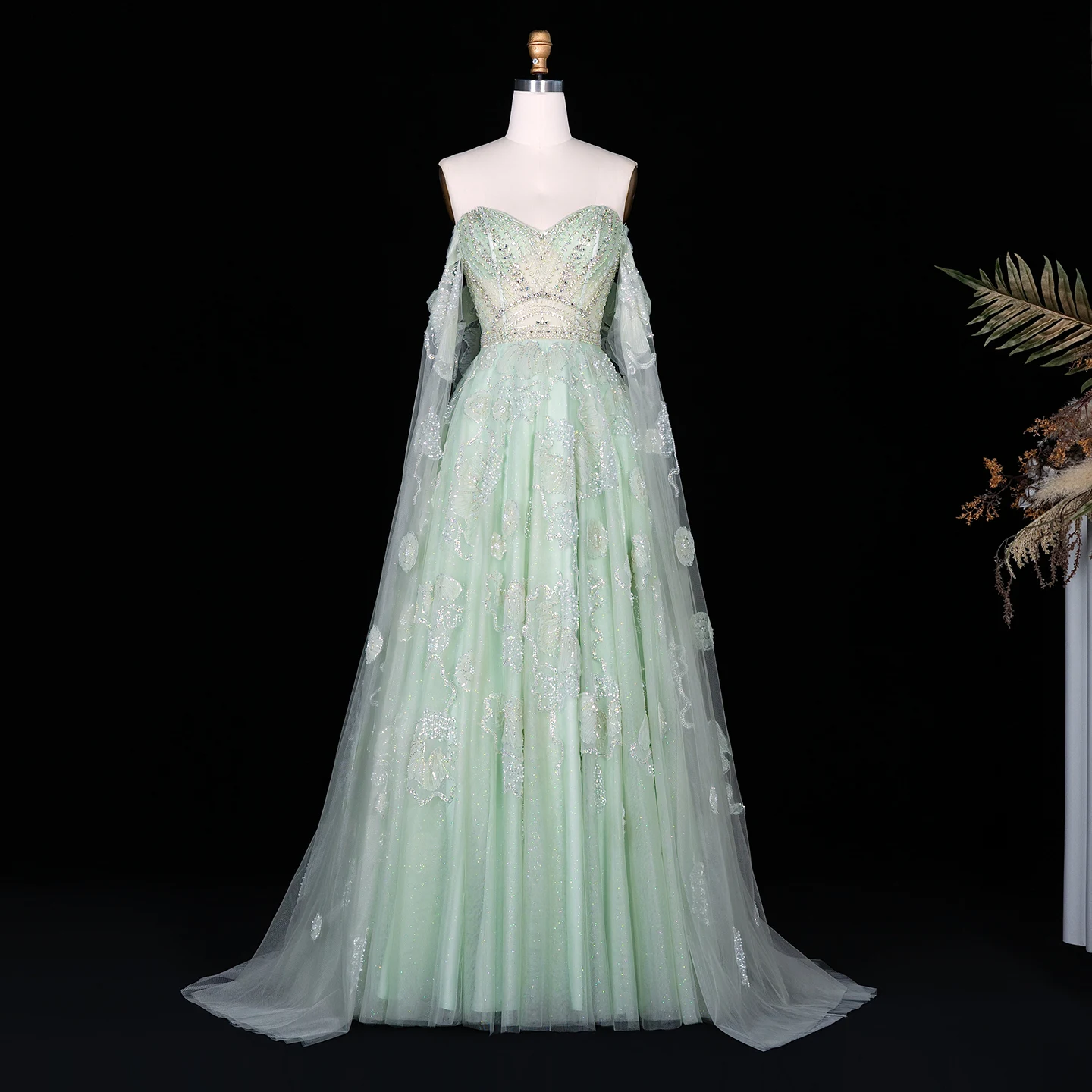Sharon Said Dubai Luxuriöses Schulterfreies Abendkleid mit Cape-Ärmeln aus Tüll, Arabisches Damen-Hochzeitskleid, Formelle Ballkleider SS754 Maßanfertigung – Detail 4