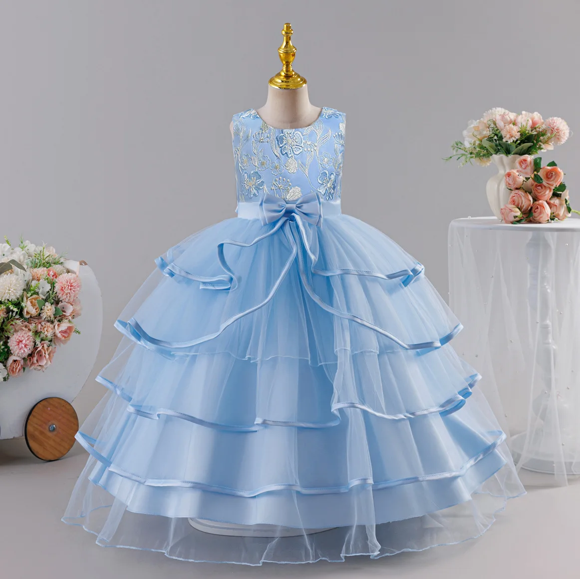 Girls' chiffon retro princess dress 4-12 years old flower embroidery long dress banquet host fashion high-end performance dress