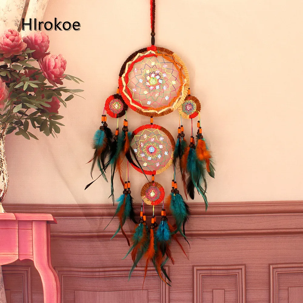 

Colorful Feather Five-Ring Dream Catcher Warm Indoor Home Decoration Bedside Wind Chime Pendant Creative Gift Wall Hanging Decor