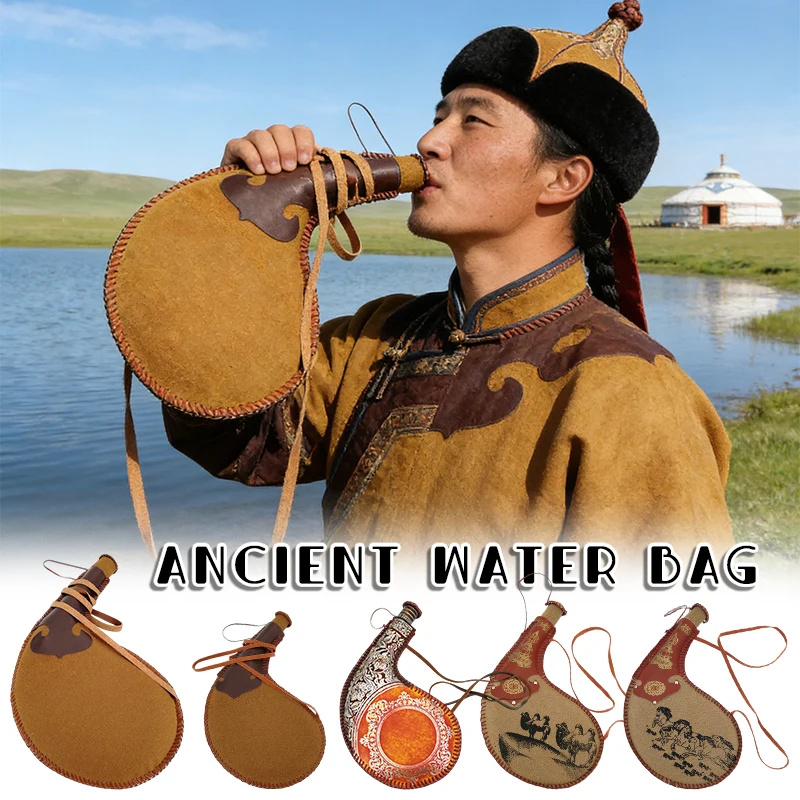 Portable Retro Leather Hip Flask Handmade Boat Wine Bag Traditional Crafts Water Whisky Alcohol Bottle Outdoor Drinkware Prop