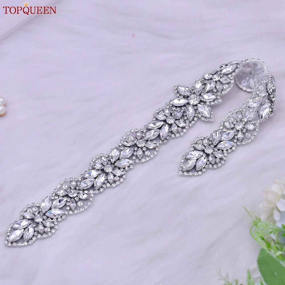 TOPQUEEN S21 Silver Rhinestone Bride Wedding Dress Ribbon Belts Bridal Women\'s Sash Sparkly Crystal Decorative Adult Party Dress