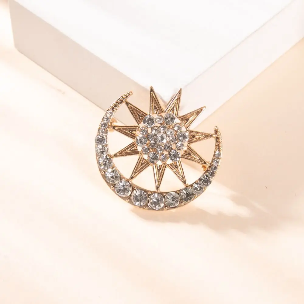 Female Women Five-pointed Star Moon Brooch Festival Traditional Rhinestone Pins Corsage Brooches