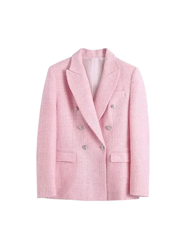 Nlzgmsj Women 2024 Pink Blazer Office Lady Fashion 2021 Oversized Long Jackets Women Long Sleeve Double Button Pockets Tops