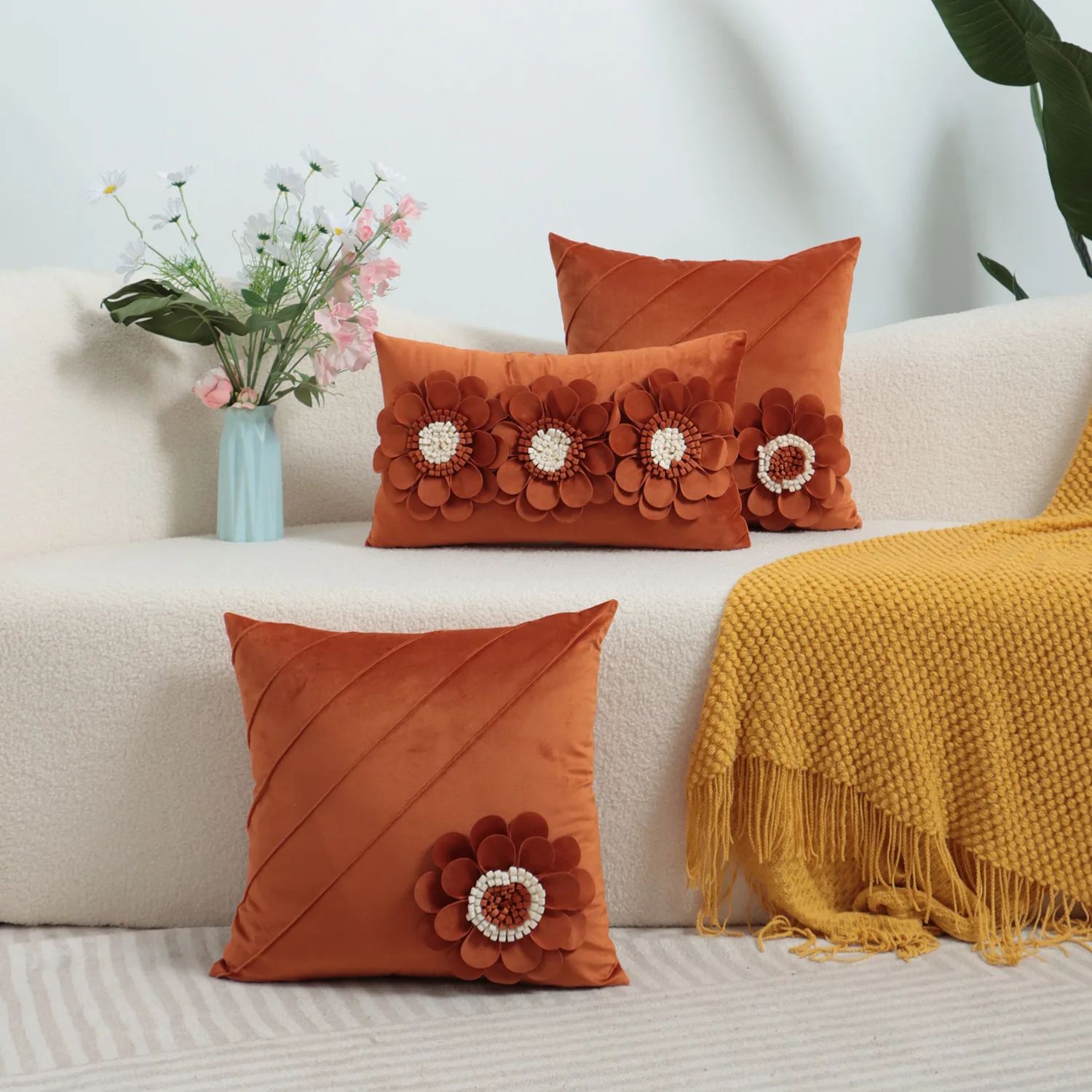 3D Sunflower Pillow Cover | Modern Textured Embroidery Throw Cushion Case for Sofa Bed Decor | Home Decorative Pillow Cover