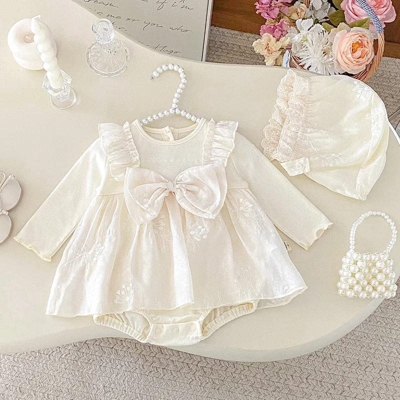 2025 New Autumn Toddler Baby Girl Romper+Hat Long Sleeved Cotton Embroidery Splicing Infant Baby Jumpsuit 0-24M Children Clothes