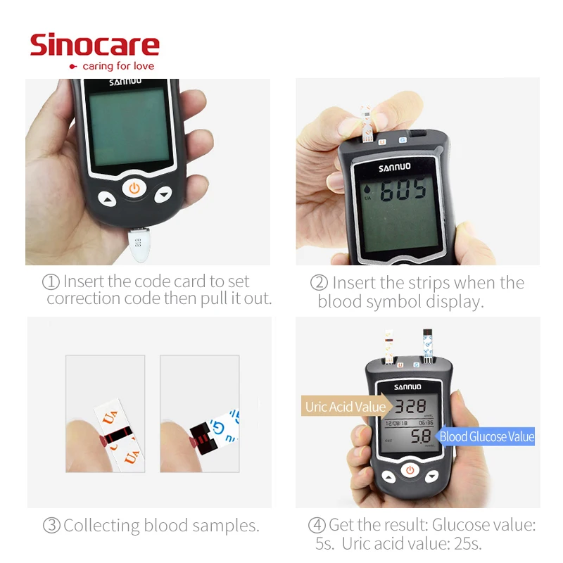 Sinocare EA-11 Uric Acid Blood Glucose Testing Meter Kit mmol/L Diabetes Tester Strips with Lancets Blood sugar Monitor