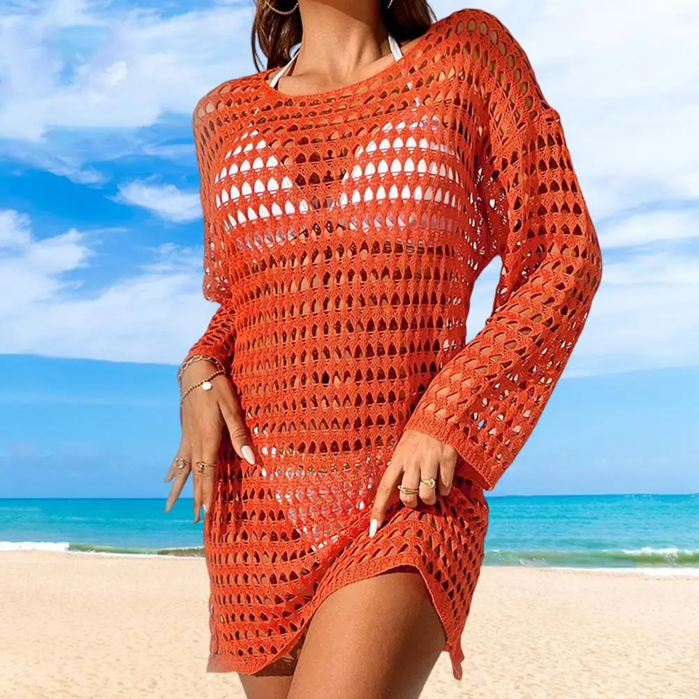 Breathable Swimwear Cover Up Stylish Crochet Beach Dress Sexy Swimsuit Cover Up Summer Hollow Bikini Cover Up O-neck Long Sleeve