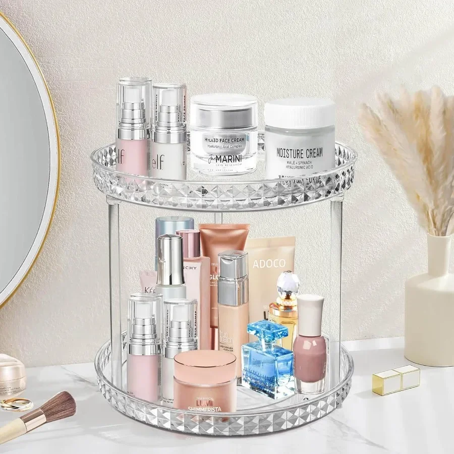 

Diamond Lazy Susan Bathroom Organizer Countertop Clear 360 Rotating Cosmetic Makeup Organizer for Vanity Skincare Organi