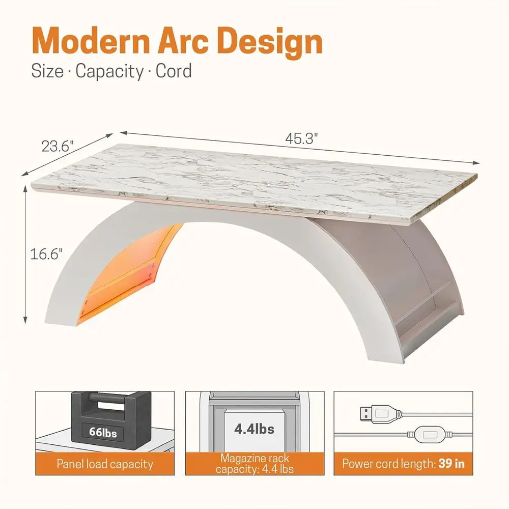 LED RGB Illuminated Marble Effect Small Coffee Table for Living Room, Dining Area, and Office