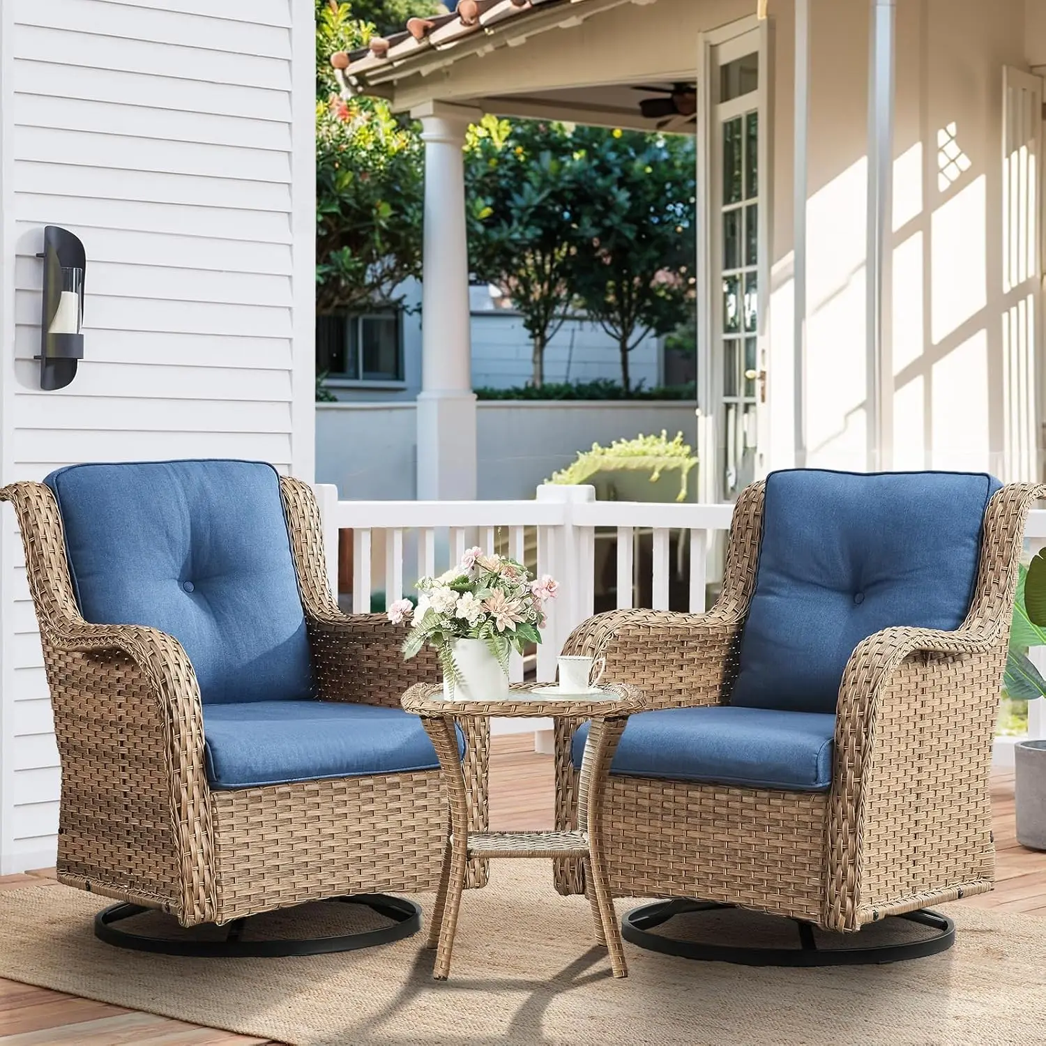 

HUMMUH 3-Piece Swivel Rocking Rattan Chair Outdoor, Patio Bistro Furniture Conversation Set, Cushioned Wicker Chair with Glass