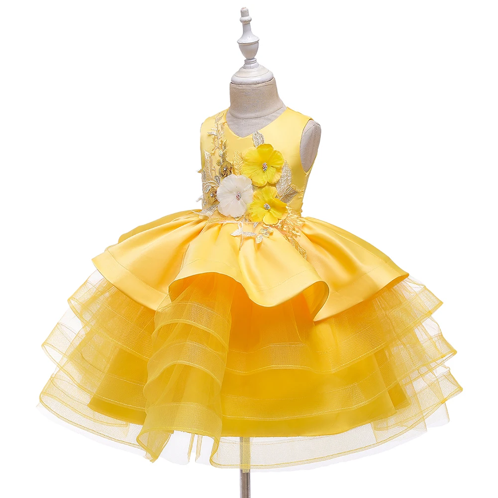 For 0 to 6 Year Yellow Girl\'s Dress Fluffy Child Mesh Kids Dress Performance Christmas Dress