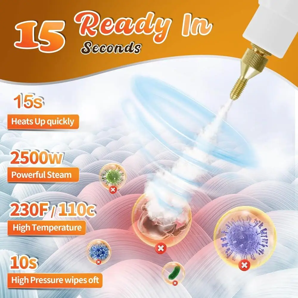 منظف بخار محمول باليد بقوة 2500 وات، تسخين سريع، منظف تنجيد 15 ثانية مع 5 فرش وقضيب ممتد