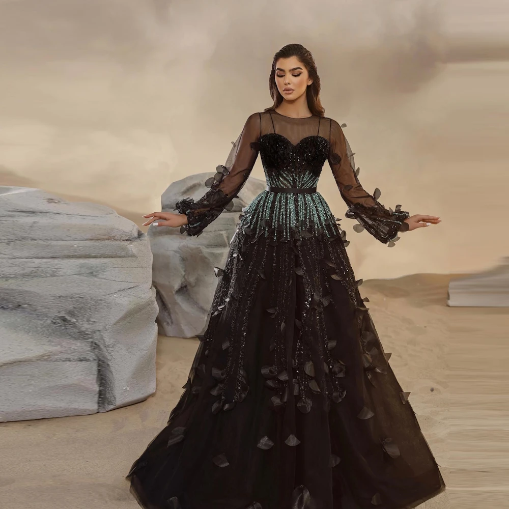 Rosella Black O Neck A Line Fashion Special Events Dress Floor Length Beaded Saudi Aribia Evening Dress 2023