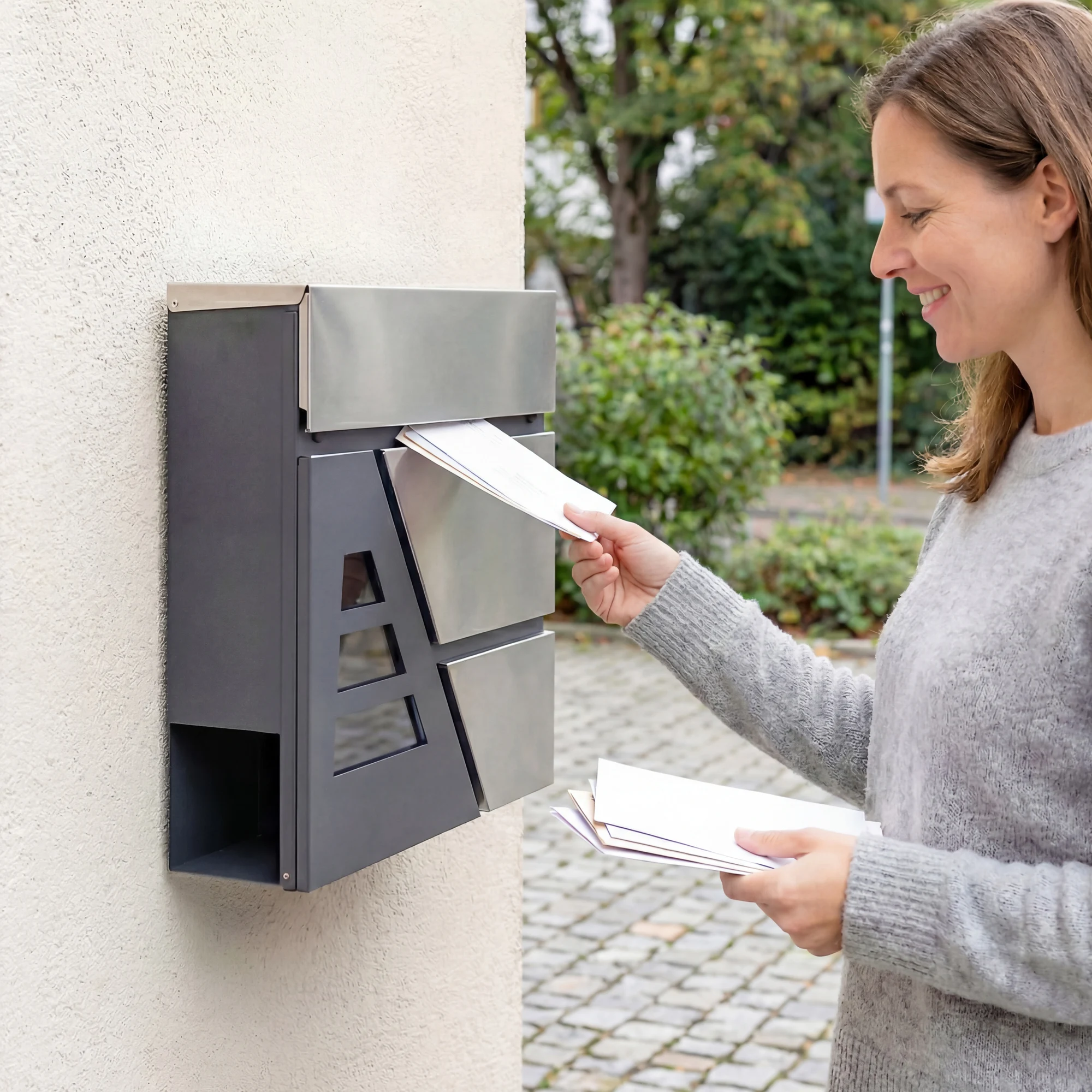 HOMCOM Wandbriefkasten, Wetterfester und Leise Schließender Postkasten für Außenwand, Moderner Briefkasten mit Zeitungsfach und 2 Schlüsseln, 37 x 10 x 37 cm, Dunkelgrau