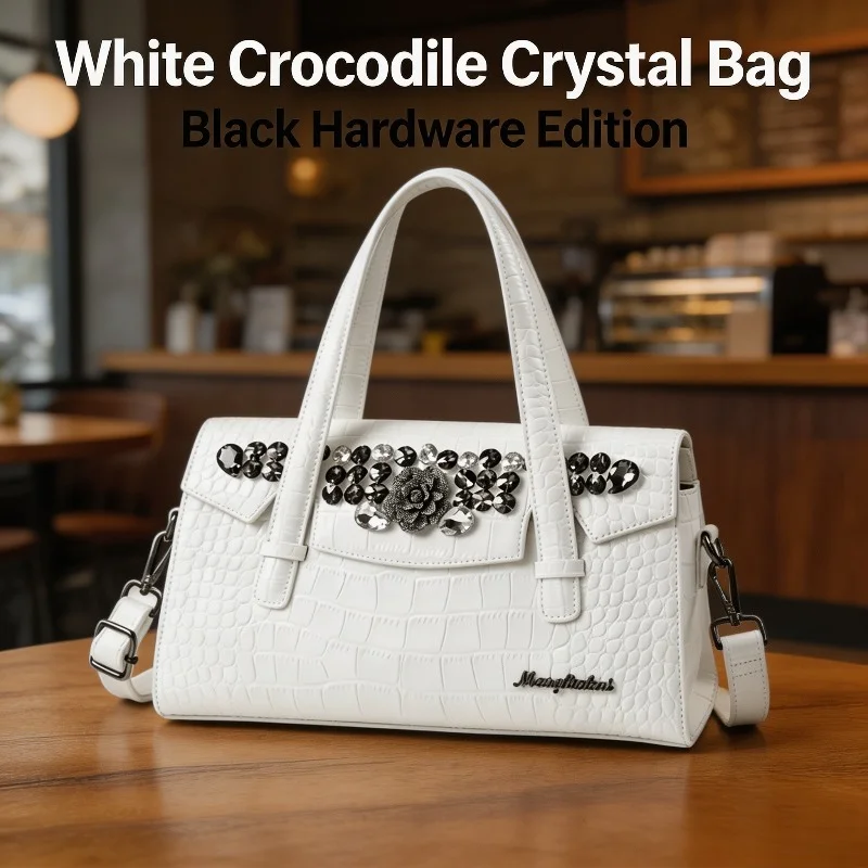 Women Crocodile Embossed Handbag Faux Leather Rhinestone Flower Decor Flip Cover Detachable Strap Top Handle Crossbody Purse