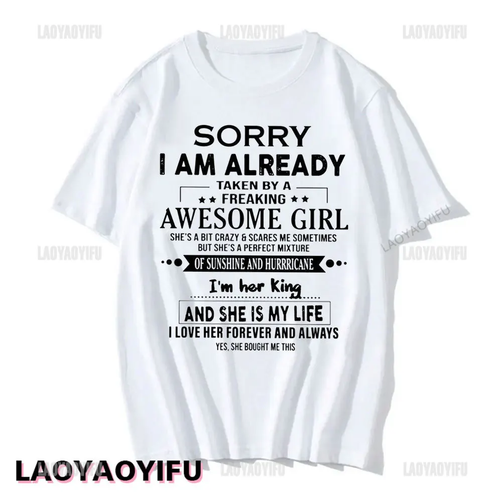 Sorry I Am Already Taken By A Freaking Awesome Guy Husband Couple T-Shirt Fashion Funny Husband and Wife T Shirt  Short-sleev