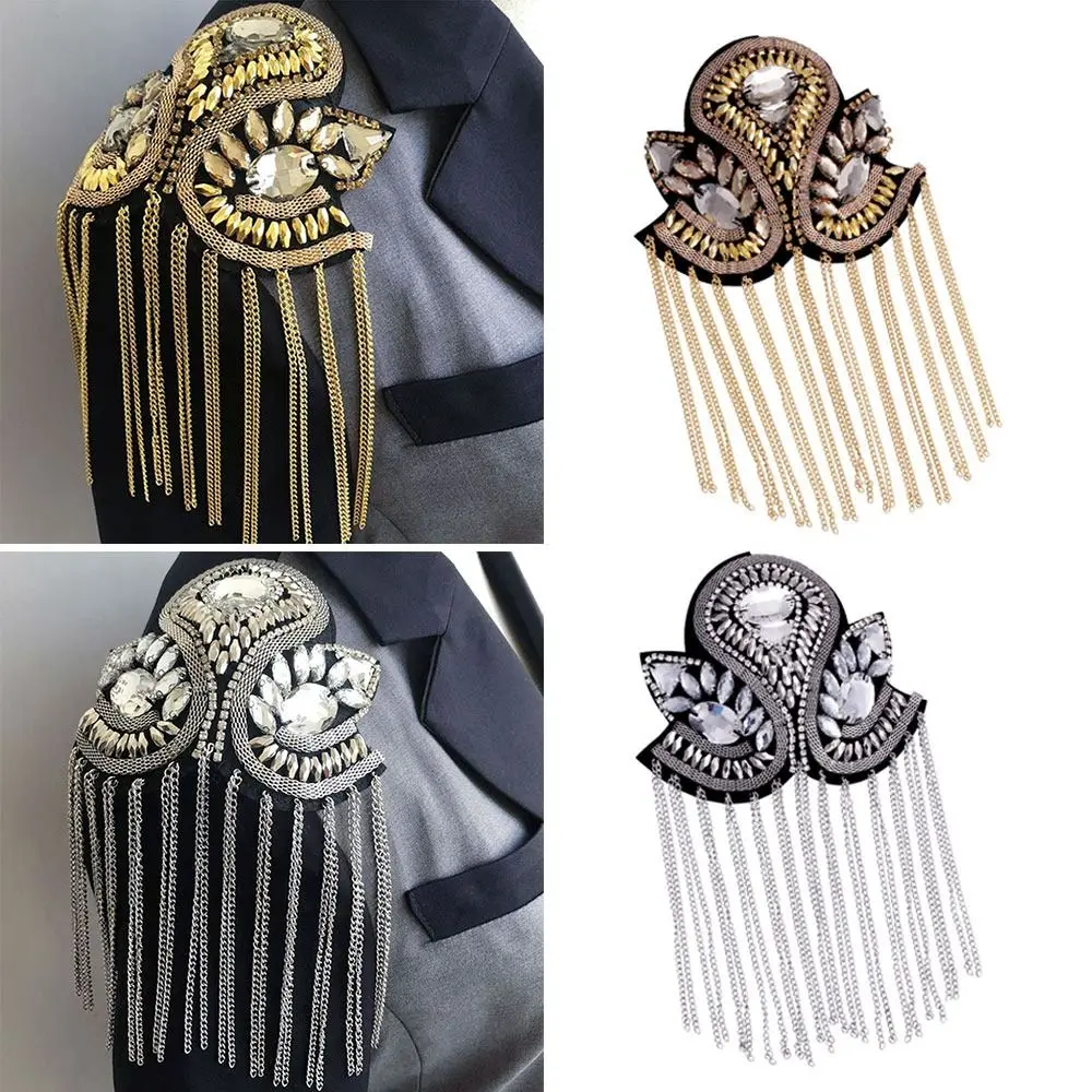 Delicate Handmade Tassel Epaulette Rhinestones Long Chain Brooch Electroplating Classical Shoulder Brooch Men Women