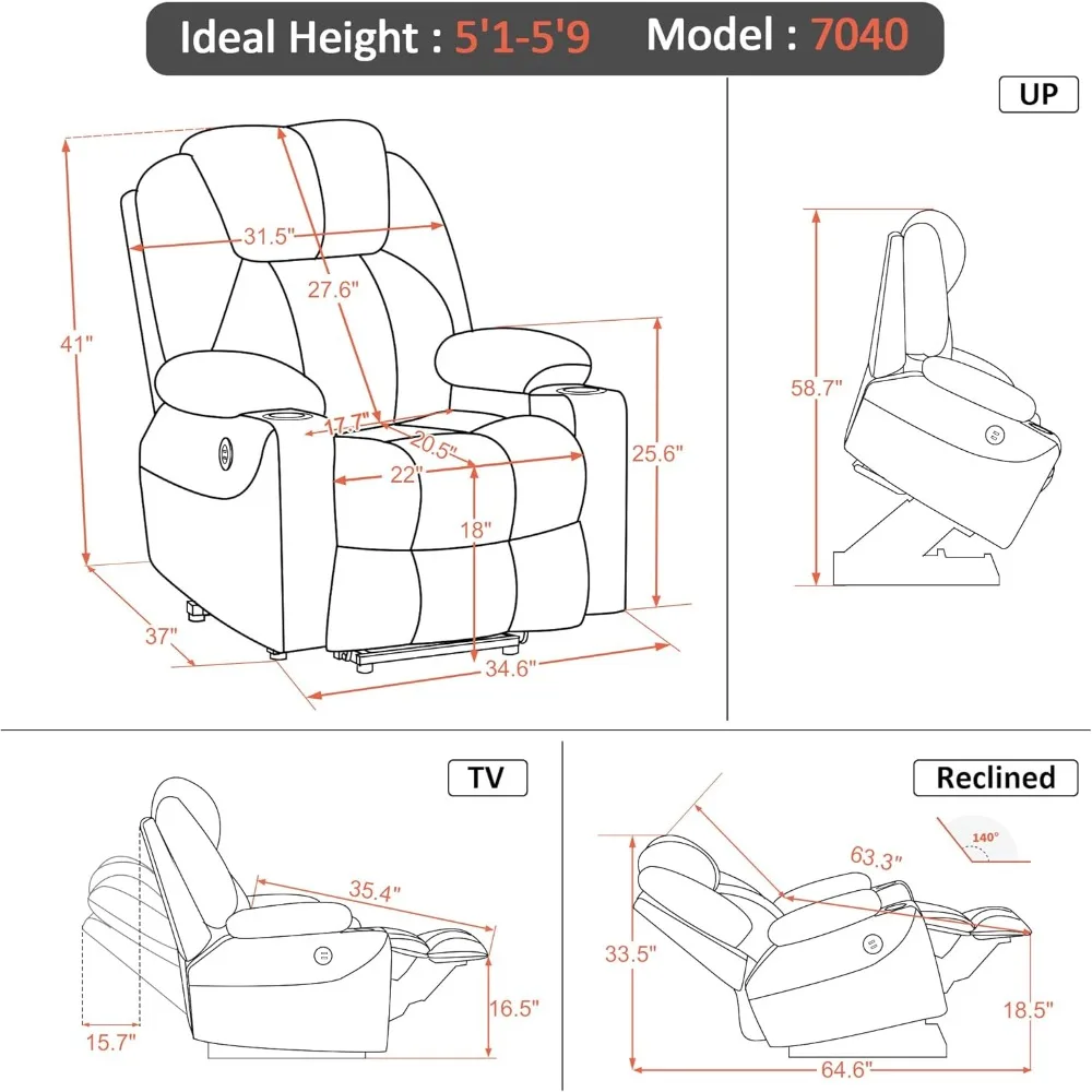 Electric Power Lift Recliner เก้าอี้โซฟานวดและความร้อนสําหรับผู้สูงอายุ,3 ตําแหน่ง,2 กระเป๋าด้านข้างและถ้วยผู้ถือพอร์ต USB